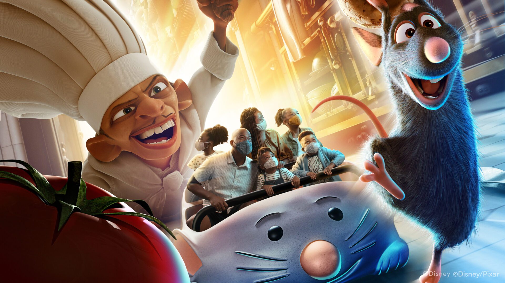 A vibrant scene featuring a chef, a rat, and a playful food-themed character, with a family in the background, all in a lively kitchen setting.
