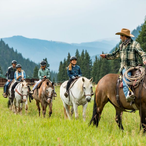 park-abd A group of five riders on horseback in a grassy field, with mountains in the background and a cowboy leading them.