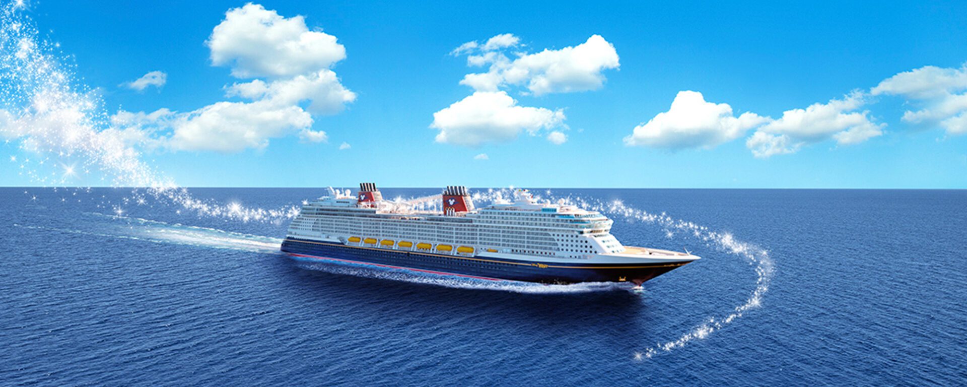 A large cruise ship sails through calm blue waters under a clear sky with fluffy clouds, leaving a gentle wake behind it.