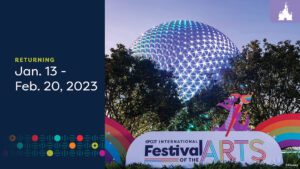 A colorful sign for the EPCOT International Festival of the Arts is in front of a glimmering geodesic dome, surrounded by trees.