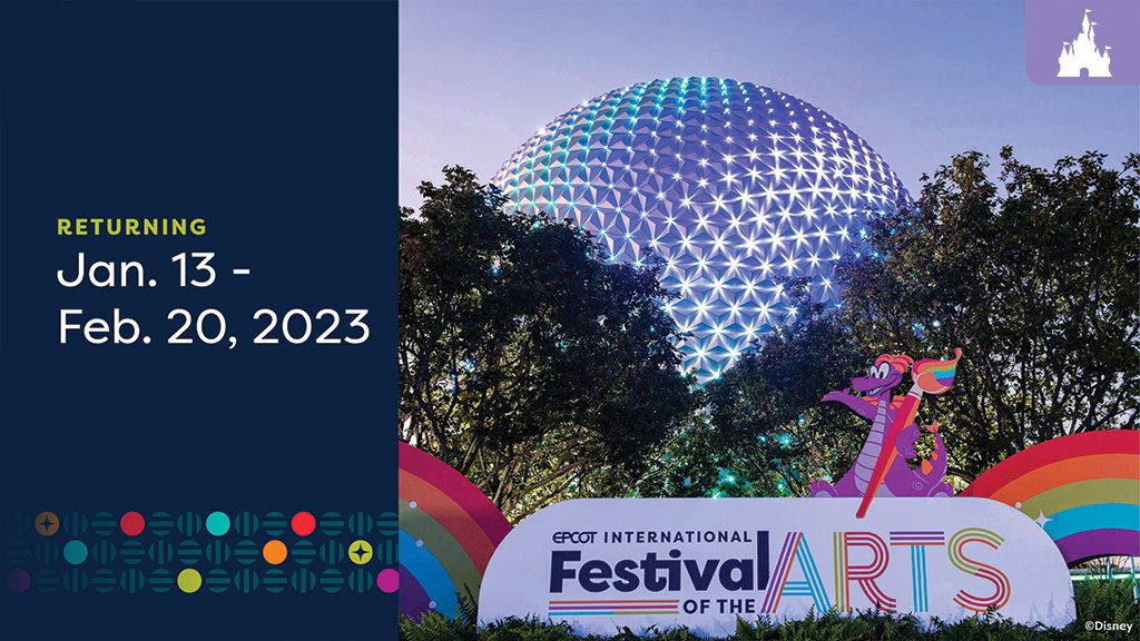 Epcot International Festival of the Arts A colorful sign for the EPCOT International Festival of the Arts is in front of a glimmering geodesic dome, surrounded by trees.
