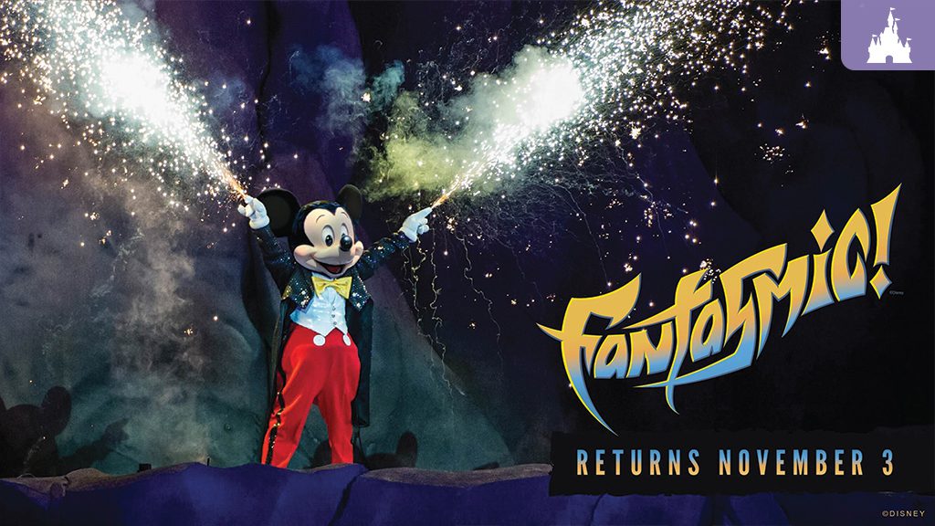 Fantasmic Mickey Mouse in a sorcerer's costume creates sparks with magic wands, promoting "Fantasmic!" returning on November 3.