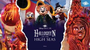 Colorful Halloween decorations with Disney characters celebrating Halloween on a cruise ship, featuring lively autumn themes.