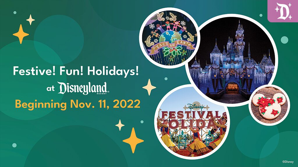 Colorful promotional image featuring festive icons and text announcing holiday events at Disneyland starting November 11, 2022.