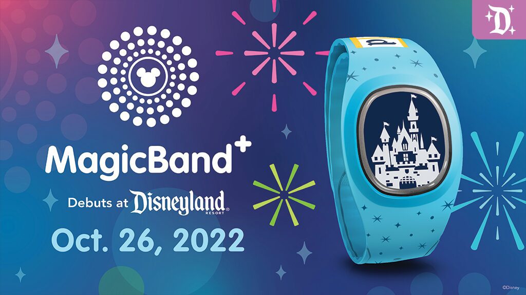 A blue MagicBand+ featuring a castle design, with text announcing its debut at Disneyland on October 26, 2022, against a colorful background.