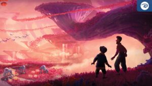 A boy and a man stand in a vibrant, pink-hued landscape with giant trees and mystical creatures, gazing into the enchanting scenery.