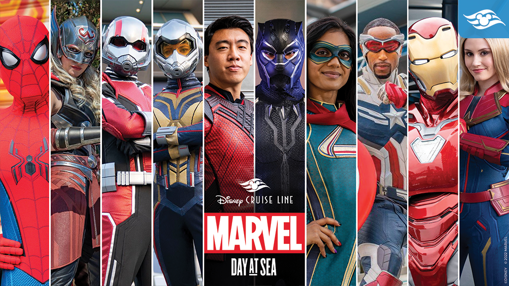 A lineup of Marvel superheroes, including Spider-Man and Iron Man, posing for "Disney Cruise Line: Marvel Day at Sea" event.