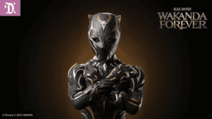A character in a sleek black and gold suit stands confidently, with their hands crossed in front of them. The title "Wakanda Forever" is displayed.