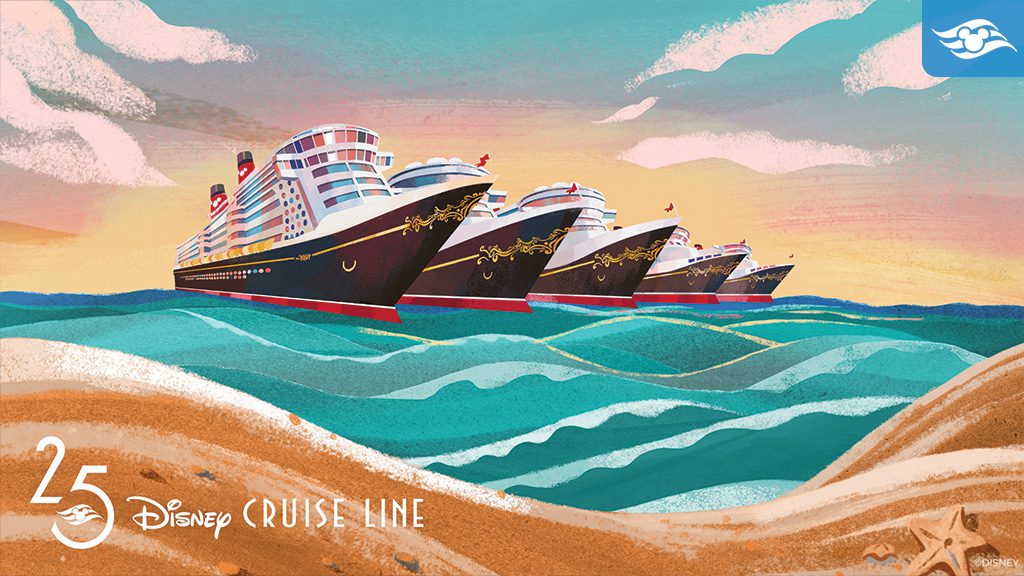 Illustration of four Disney Cruise Line ships sailing on wavy waters against a colorful sunset, celebrating 25 years of service.