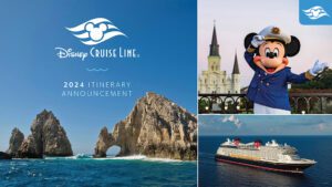 Disney Cruise Line 2024 itinerary announcement featuring an ocean view, Mickey Mouse, and a cruise ship image collage.