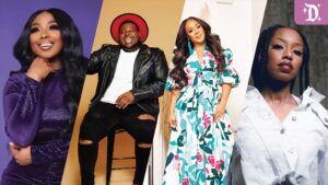A collage featuring four individuals: a woman in a purple outfit, a man in a black leather jacket, a woman in a floral dress, and a woman in a white outfit.
