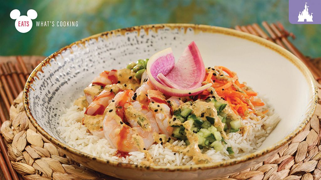 Disney Animal Kingdom Lodge Whats Cooking A bowl of rice topped with shrimp, colorful veggies, and a garnish of pink radish, set against a textured background.