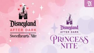 A graphic featuring two event logos for Disneyland After Dark: Sweetheart's Nite and Princess Nite, set against a pink background.