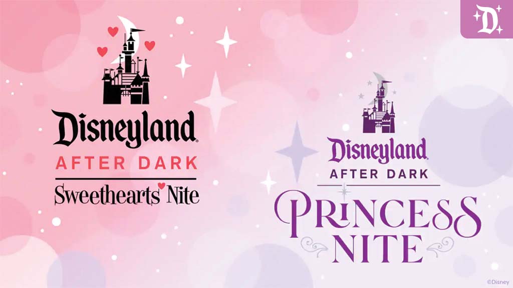 A graphic featuring two event logos for Disneyland After Dark: Sweetheart's Nite and Princess Nite, set against a pink background.