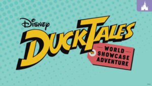 Logo of Disney's DuckTales featuring vibrant lettering with "World Showcase Adventure" in a tag, set against a light teal background.