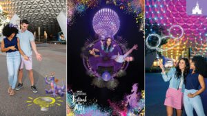 A collage featuring a couple interacting with a whimsical character, colorful artistic displays, and vibrant lights at a festival.
