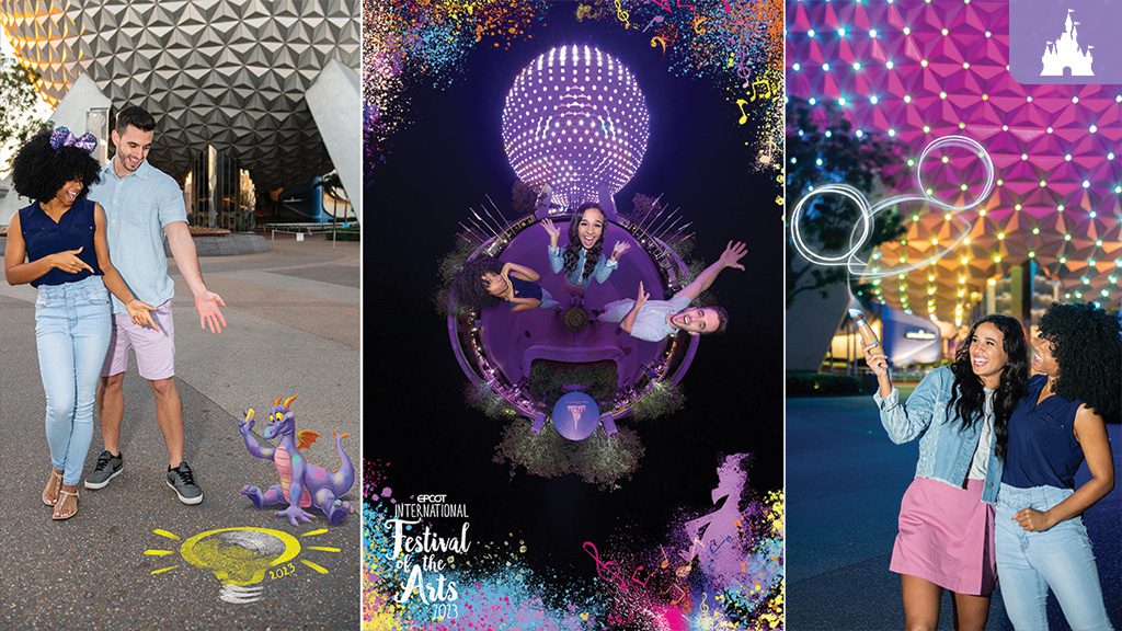 EPCOT Festival of the Arts Photo Ops A collage featuring a couple interacting with a whimsical character, colorful artistic displays, and vibrant lights at a festival.