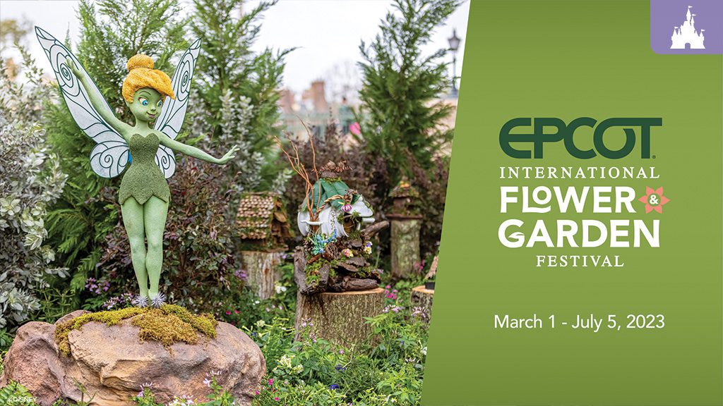 A decorative display at Epcot's Flower and Garden Festival features Tinker Bell surrounded by lush greenery. Event dates are March 1 - July 5, 2023.