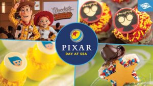 A collage featuring Pixar characters Woody and Jessie, Pixar-themed desserts, and the logo for "Pixar Day at Sea."