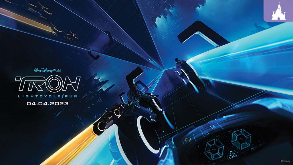 A vibrant graphic featuring sleek light cycles racing through a digital landscape, promoting "TRON Lightcycle Run," opening April 4, 2023.