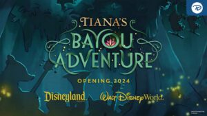 Graphic promoting "Tiana's Bayou Adventure," opening in 2024 at Disneyland and Walt Disney World, featuring vibrant greens and a lily pad design.