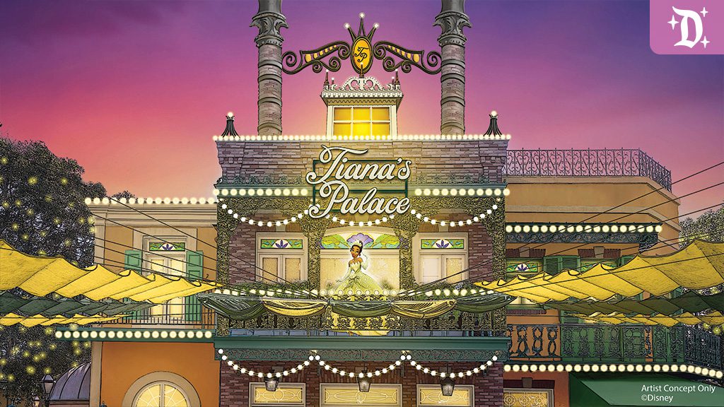 A vibrant palace at sunset, decorated with colorful lights and hanging banners, featuring the words "Tiana's Palace."