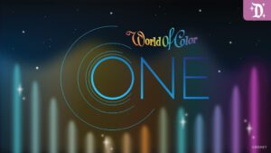 Colorful graphic featuring "World of Color ONE" in stylized text against a starry background with vibrant colored bars.