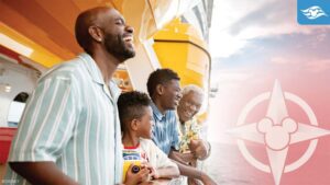 A family of four enjoys a joyful moment on a cruise ship, smiling and leaning over the railing with a scenic ocean view in the background.