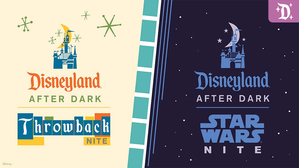 Two event logos for Disneyland After Dark: one for "Throwback Nite" with a castle, and another for "Star Wars Nite" against a starry backdrop.