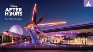 A vibrant night scene at Disney, featuring futuristic architecture, colorful lights, and the text "Disney After Hours" promoting new park dates.