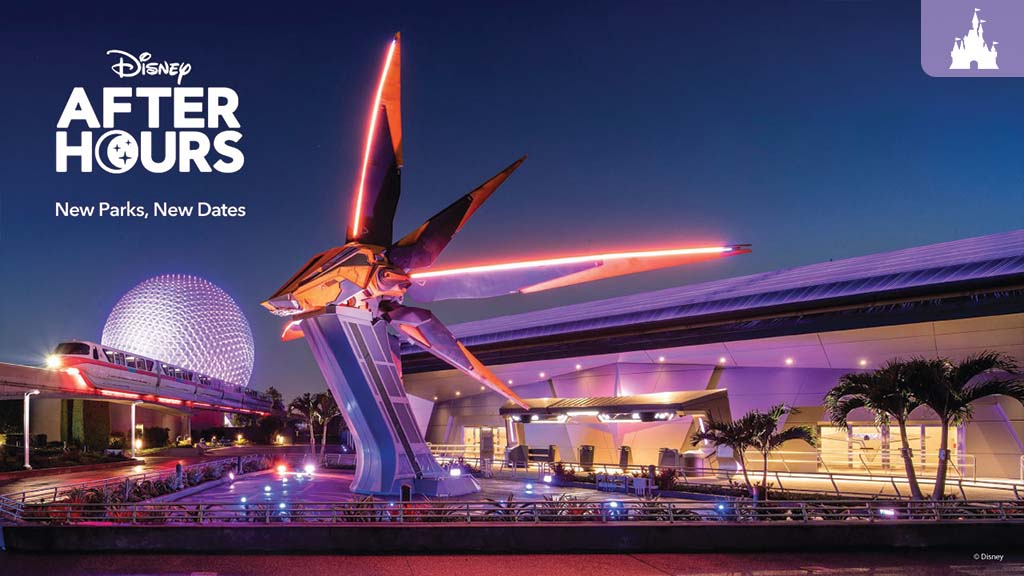 A vibrant night scene at Disney, featuring futuristic architecture, colorful lights, and the text "Disney After Hours" promoting new park dates.