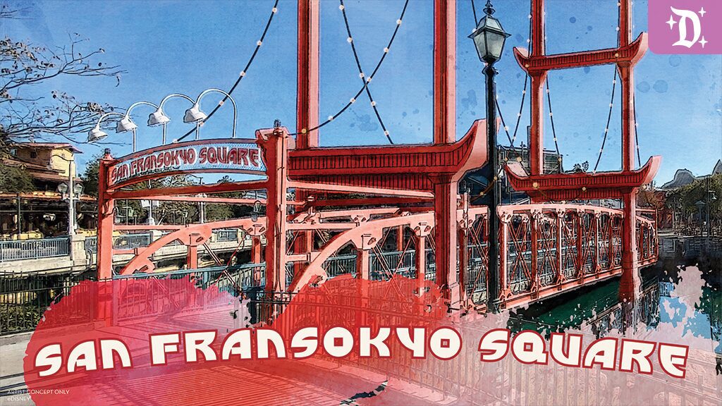 A vibrant illustration of San Fransokyo Square, featuring a striking bridge and iconic red architecture, set against a colorful background.