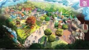 A vibrant, aerial view of a colorful amusement park filled with attractions, trees, and visitors enjoying various rides and pathways.
