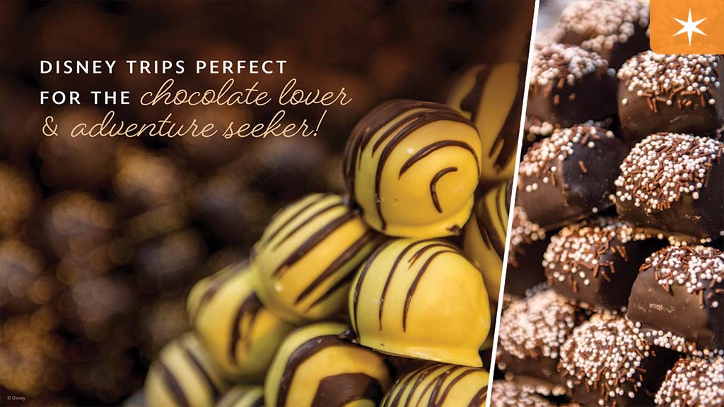 Close-up of chocolate truffles, some drizzled with darker chocolate, alongside a stacked display, promoting Disney trips for chocolate lovers.