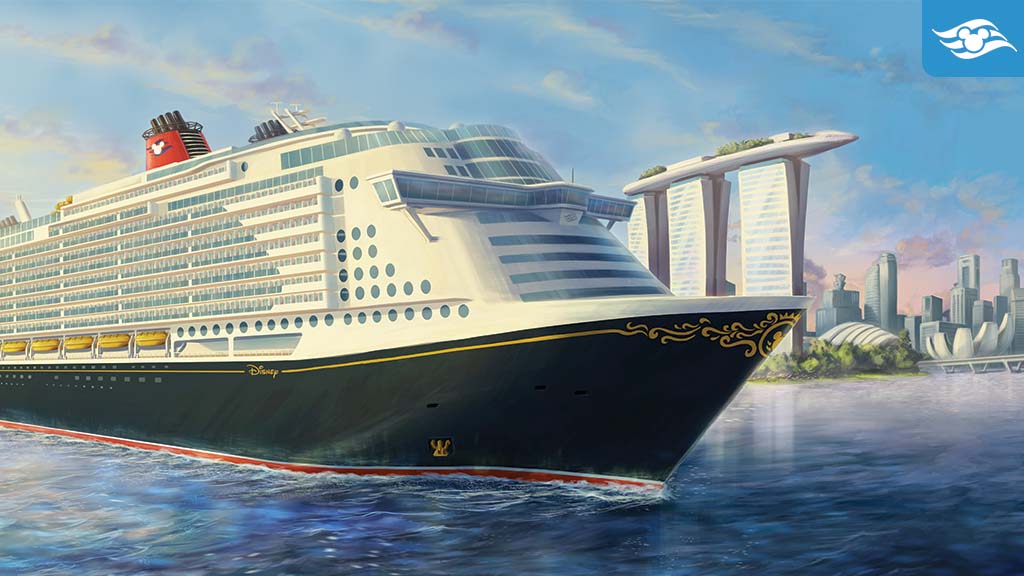 A large cruise ship with red and white features sails in calm waters, with a modern skyline and iconic structures in the background.