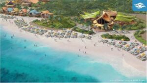 An aerial view of a beach resort featuring colorful buildings, lounge chairs, and people walking along the sandy shore. Crystal-clear water in the foreground.