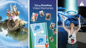 A collage featuring a theme park scene, a Disney PhotoPass Video Memories app screen, and a person enjoying a ride, wearing a Mickey Mouse shirt.