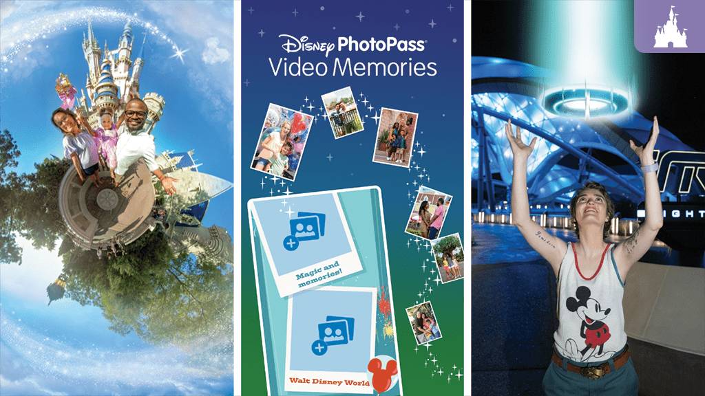 disneyworld-memory-maker-best-souvenir A collage featuring a theme park scene, a Disney PhotoPass Video Memories app screen, and a person enjoying a ride, wearing a Mickey Mouse shirt.