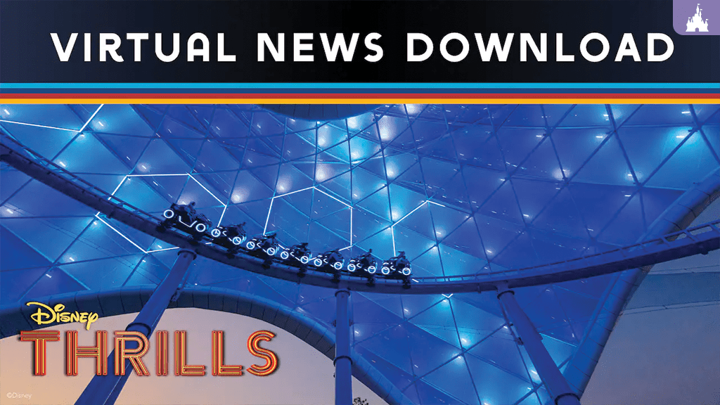 A roller coaster rides under a geometric blue canopy with "Virtual News Download" and "Disney Thrills" text displayed prominently.
