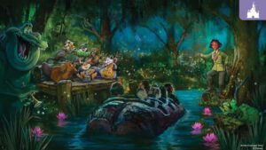 A colorful, enchanting scene features animal characters on a boat in a lush, moonlit swamp, with vibrant flowers and trees surrounding them.