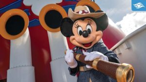 Minnie Mouse, dressed as a cowgirl, holds a telescope against a colorful background featuring large ship funnels.