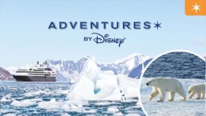 A snowy landscape with icebergs and a ship in the background. Polar bears are walking on the ice. Text reads "Adventures by Disney."