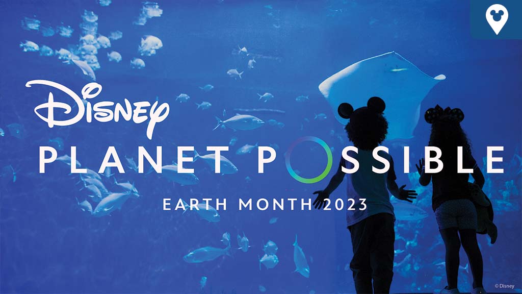 A silhouetted scene of two children with Mickey Mouse ears, gazing at aquatic life, alongside the text "Disney Planet Possible, Earth Month 2023."
