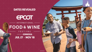 A family enjoys treats at the EPCOT International Food & Wine Festival, featuring dates from July 27 to November 18.
