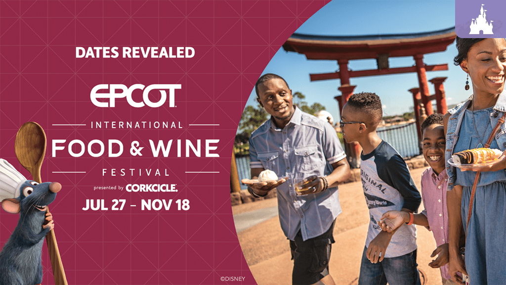 A family enjoys treats at the EPCOT International Food & Wine Festival, featuring dates from July 27 to November 18.