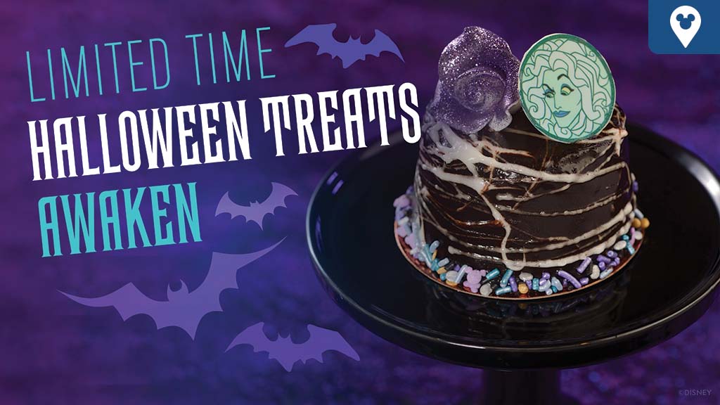 A festive Halloween cake with dark icing, topped with spooky decorations, set against a purple bat-themed background. Text promotes limited-time treats.