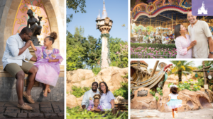 A collage of joyful family moments at a theme park, featuring a father and daughter, a carousel, and scenic backgrounds.