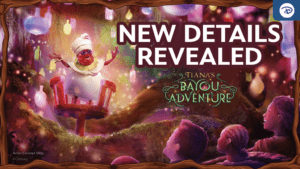 A colorful illustration featuring a character on a throne, surrounded by lights, and the text "New Details Revealed: Tiana's Bayou Adventure."
