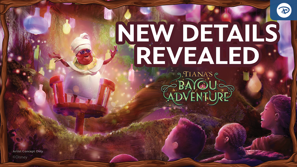 new-details-tianas-bayou-adventure A colorful illustration featuring a character on a throne, surrounded by lights, and the text "New Details Revealed: Tiana's Bayou Adventure."