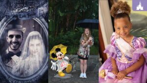 A collage featuring a vintage couple in a photo booth, a girl with an umbrella and Mickey Mouse, and a girl in a princess dress.